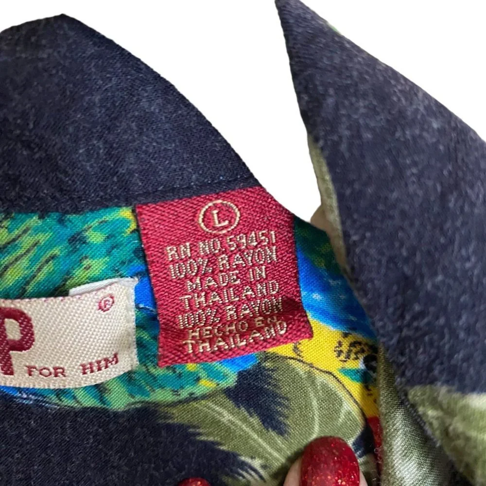 Vtg Thums Up for Him Navy Blue Toucan Parrot Hawaiian‎ Cruise Shirt Men Large